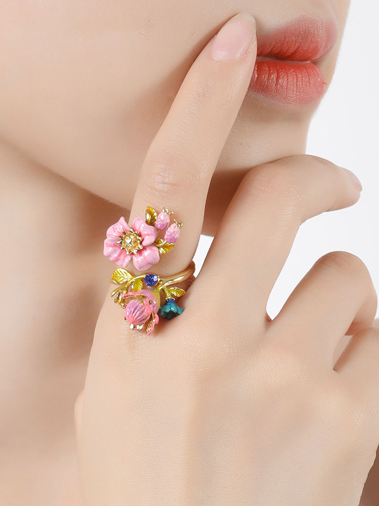 Hand Painted Enamel Glazed Tropical Flower Imitation Gem Open Ring