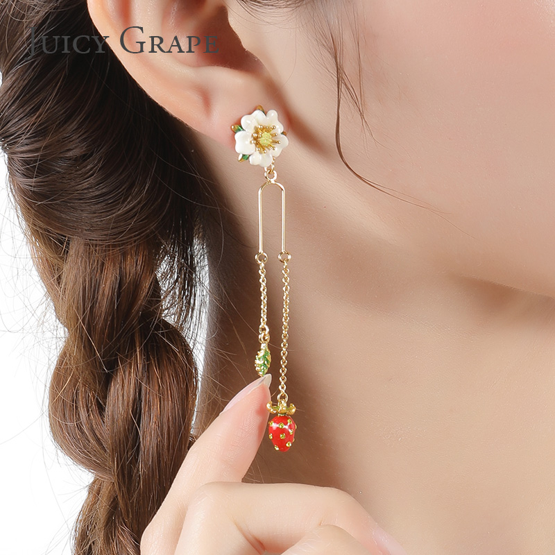 Hand Painted Enamle Glazed Strawberry Flower Leaf Earrings Gold Plated Copper