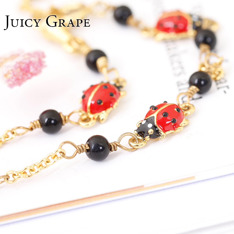 Ladybug Beads Red Heart Gold Plated Jewelry Enamel Bracelet