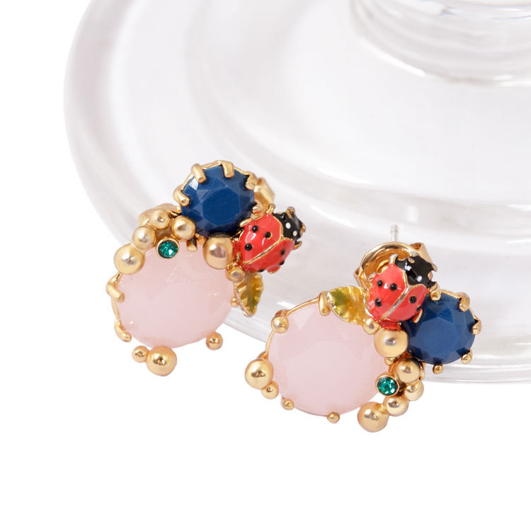 Ladybug Blue Pink Crystal Enamel Earrings Jewelry Stud Earrings