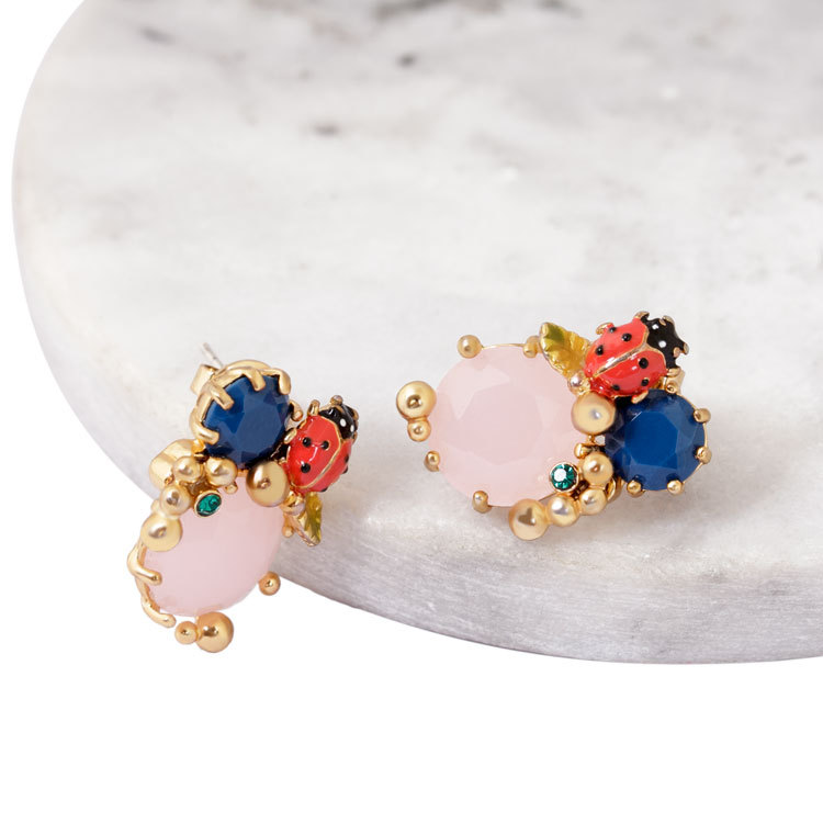 Ladybug Blue Pink Crystal Enamel Earrings Jewelry Stud Earrings