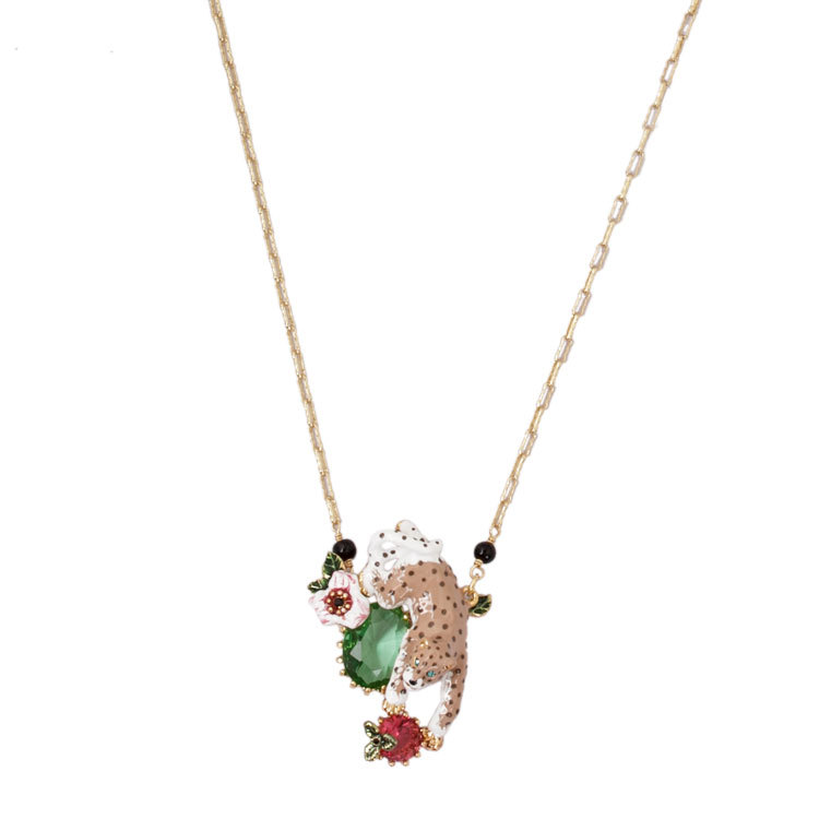 Leopard Red Crystal Necklace Gold Chain Enamel Flower Pendants Necklace