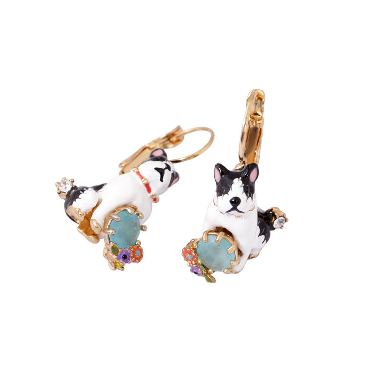 Lovely Bulldog Gem Enamel Earrings Jewelry Hook Earrings