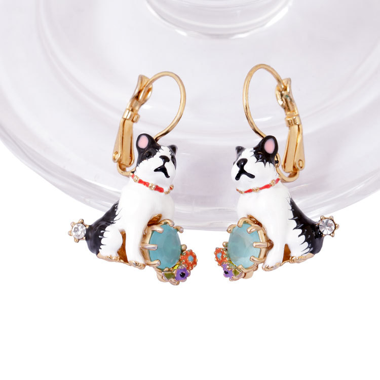 Lovely Bulldog Gem Enamel Earrings Jewelry Hook Earrings