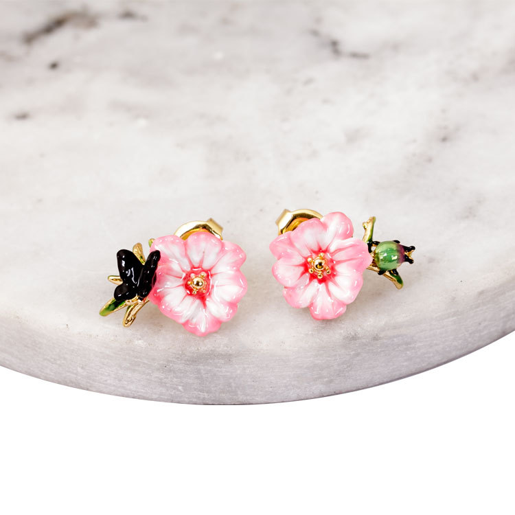 Monet Garden Series Enamel Asymmetric Butterfly Flower Earrings Golden Plated 925 Silver Needle