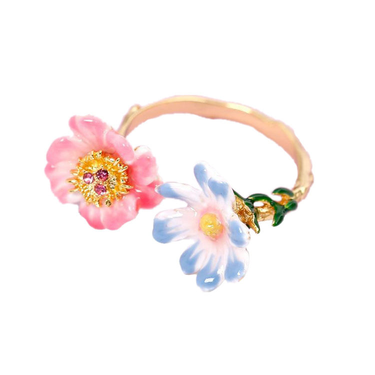 Monet Garden Series Light Blue Pink Sunny Flower Enamel Ring