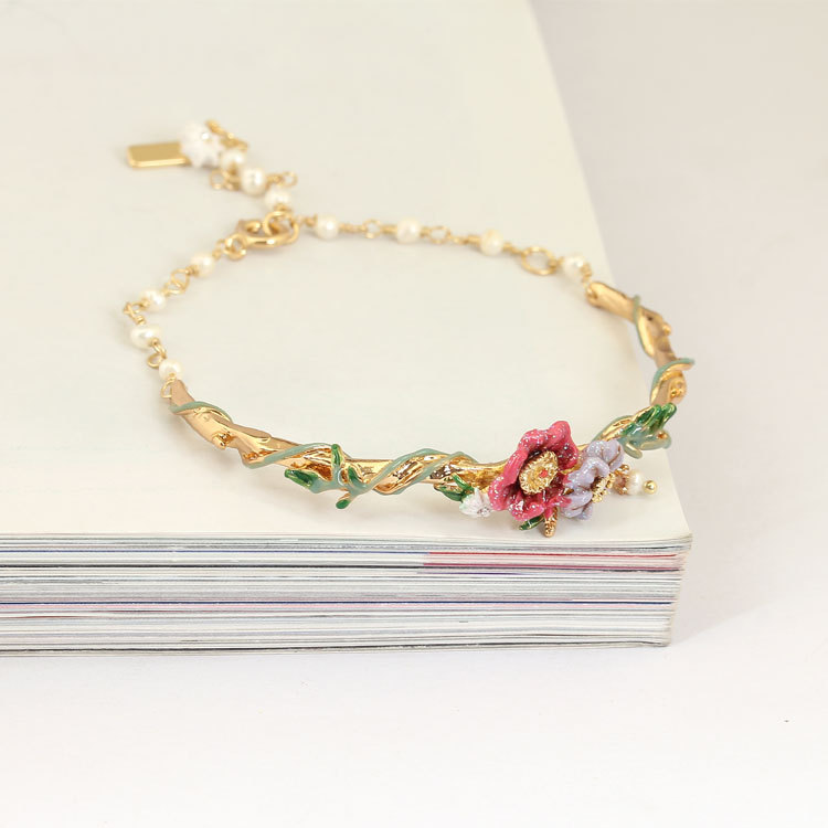 Multi-color Flower Pearl Gold Plated Jewelry Enamel Bracelet