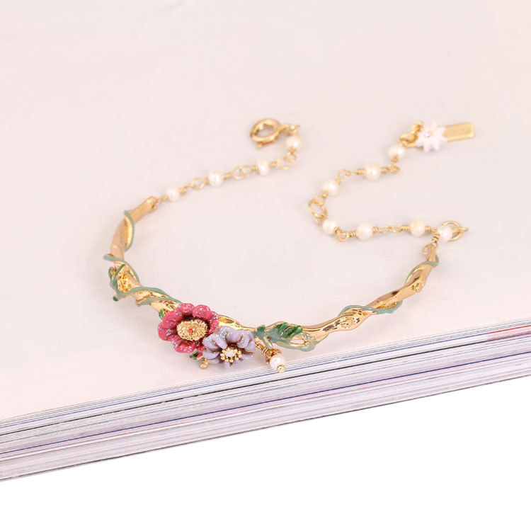 Multi-color Flower Pearl Gold Plated Jewelry Enamel Bracelet