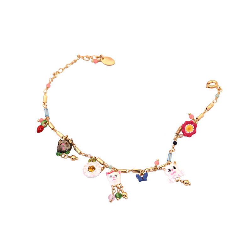 Cat Kitty Flower Gold Plated Jewelry Enamel Bracelet