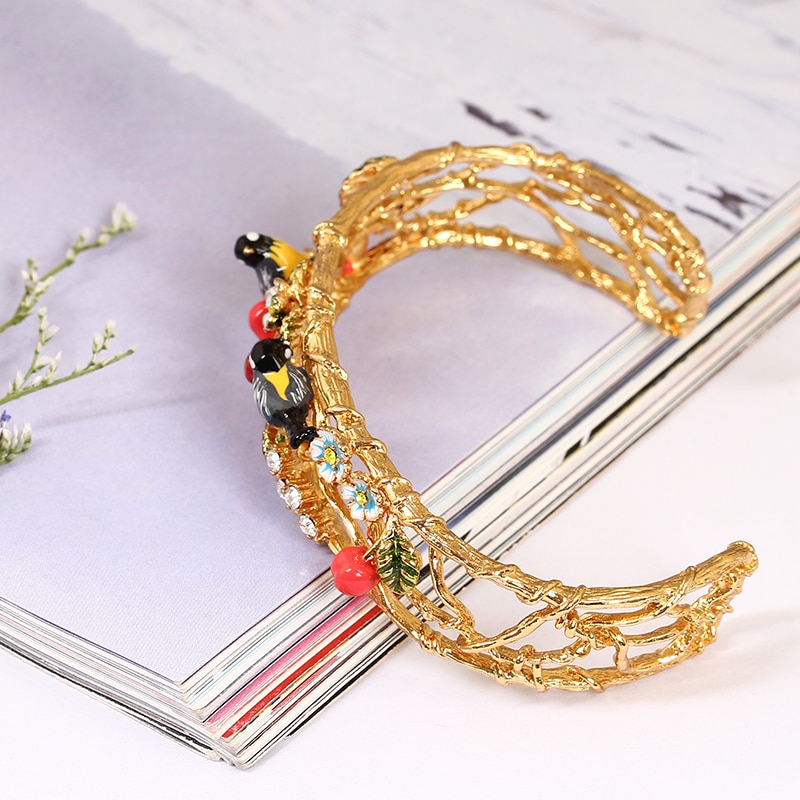 Oriole Cherry Hollowed Out Gold Plated Jewelry Enamel Bracelet