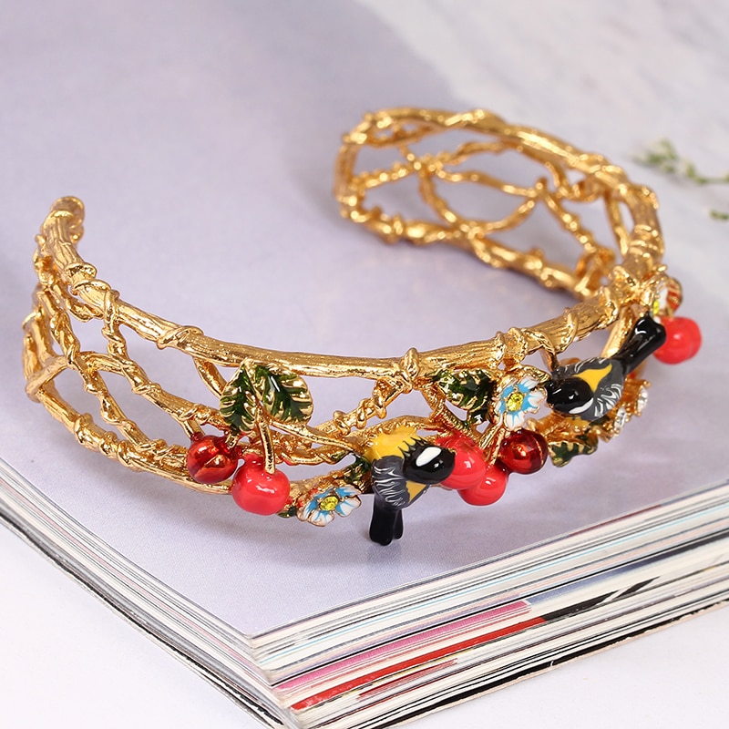 Oriole Cherry Hollowed Out Gold Plated Jewelry Enamel Bracelet