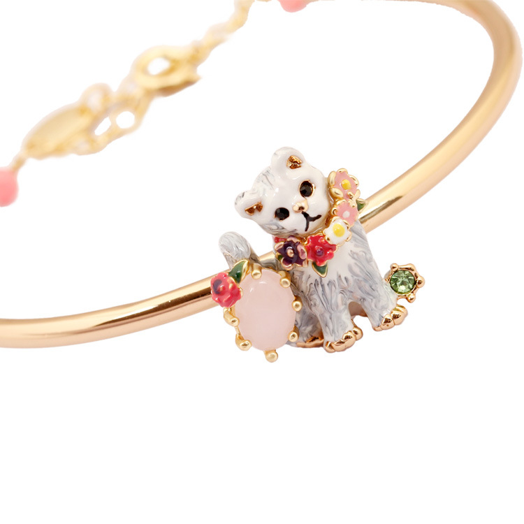Cat Kitty Pink Gem Pendant Jewelry Enamel Bracelet