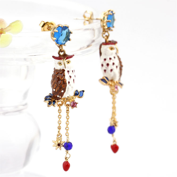 Owl Sapphire Tassel Enamel Earrings Jewelry Stud Earrings