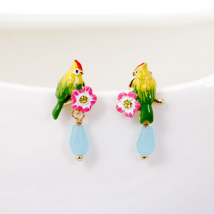 Parrot Flower Enamel Earrings Jewelry Stud Earrings