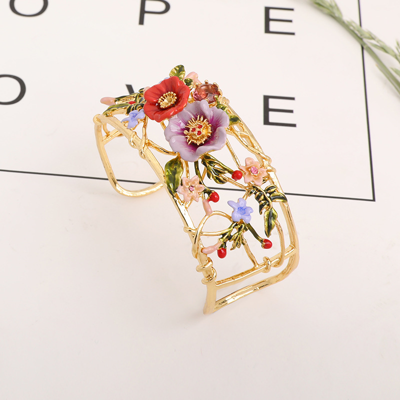 Red Flower Green Leaf Pendant Plant Series Jewelry Enamel Bracelet