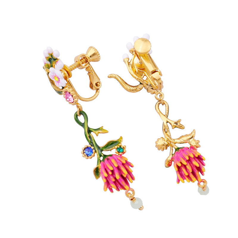 Red Flower Pearl Water-drop Enamel Earrings Jewelry Stud Earrings