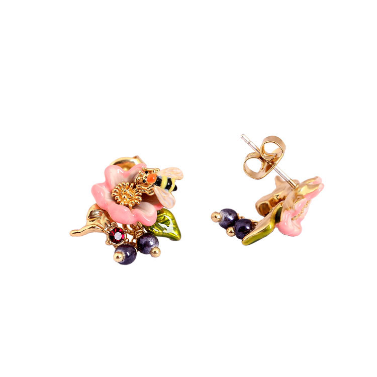 Pink Flower Bee Beads Asymmetry Enamel Earrings Jewelry Stud Earrings