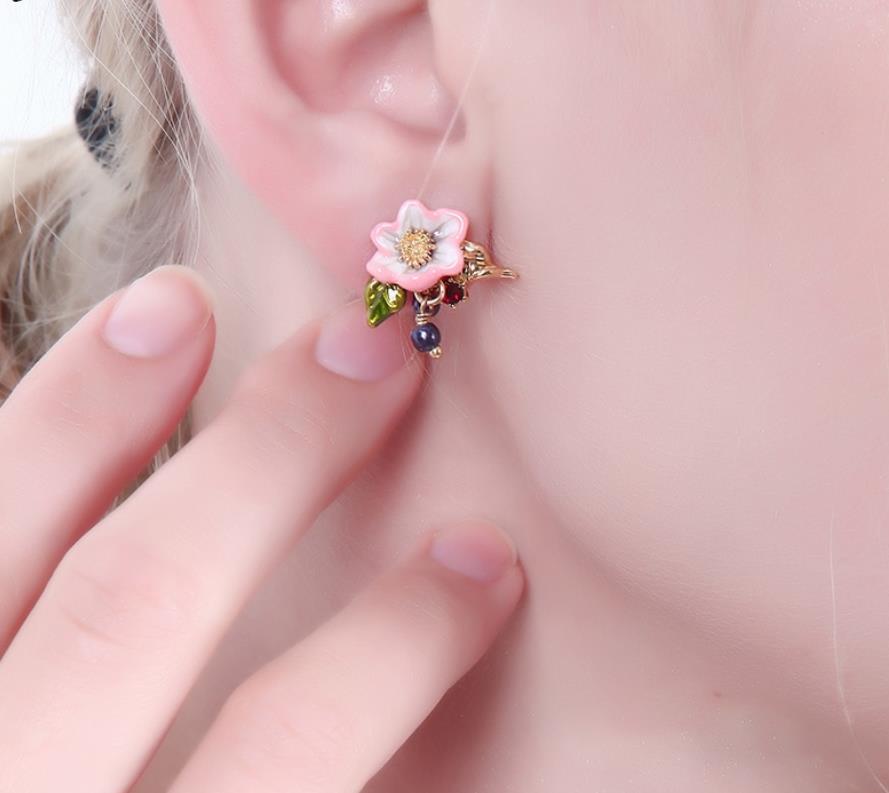 Pink Flower Bee Beads Asymmetry Enamel Earrings Jewelry Stud Earrings