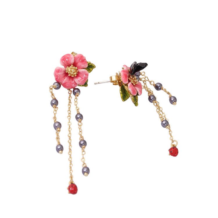 Pink Flower Butterfly Long Tassel Enamel Earrings Jewelry Stud Clip Earrings