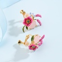 Pink Flower Gem Enamel Earrings Jewelry Stud Clip Hook Earrings