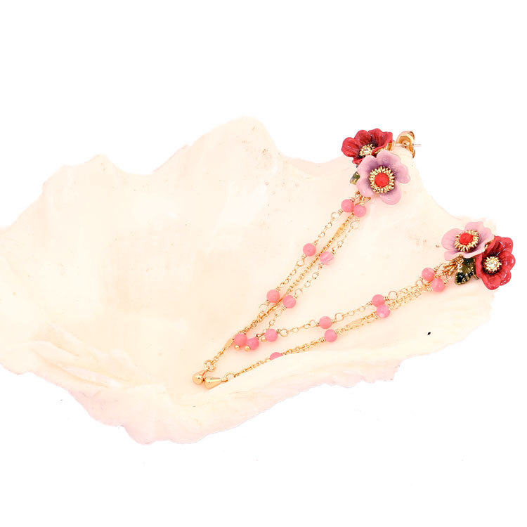 Peony Flower Long Tassel Enamel Earrings Jewelry Stud Clip Earrings