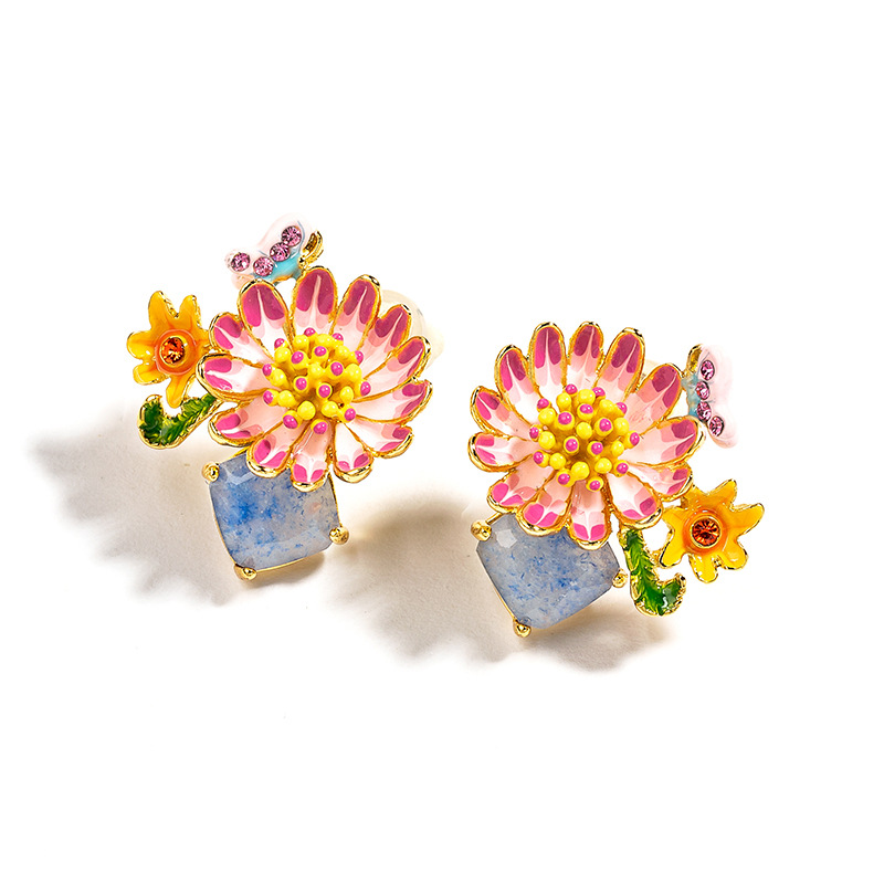Flower And Stone Enamel Earrings