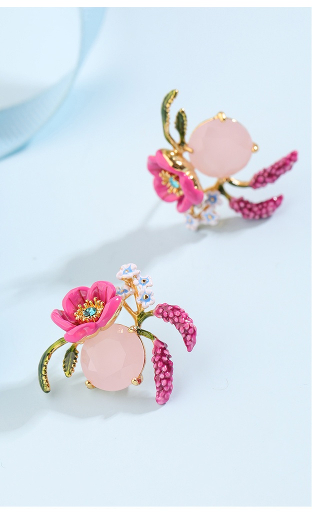 Pink Flower And Stone Enamel Earrings