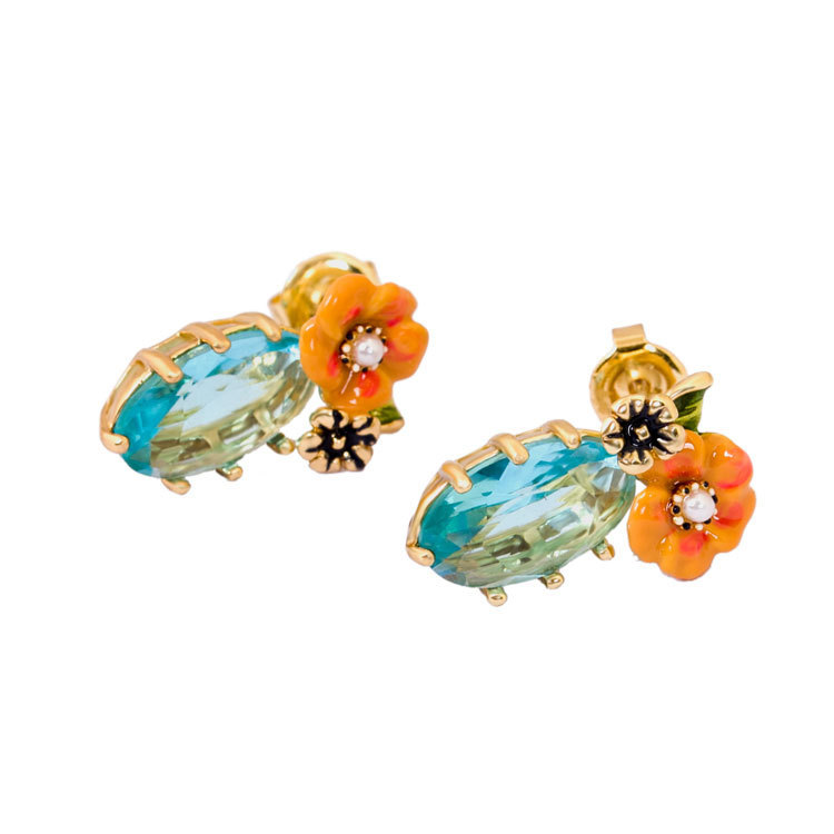 Orange Flower And Crystal Enamel Earrings