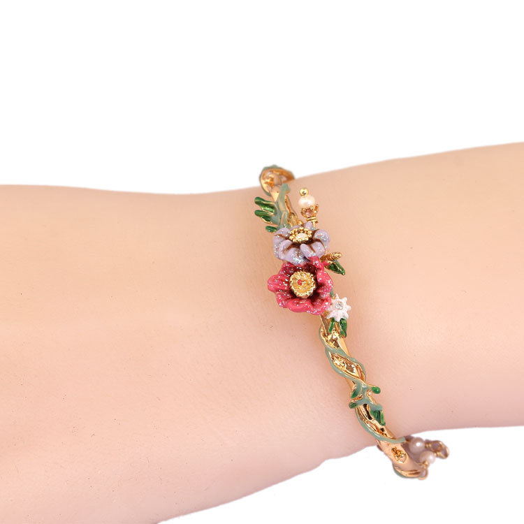 Flower On A Branch With Pearl Enamel Bangle Bracelet