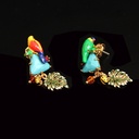 Colorful Green Parrot Bird And Stone Aysmmetrical Enamel Stud Dangle Earrings Jewelry Gift