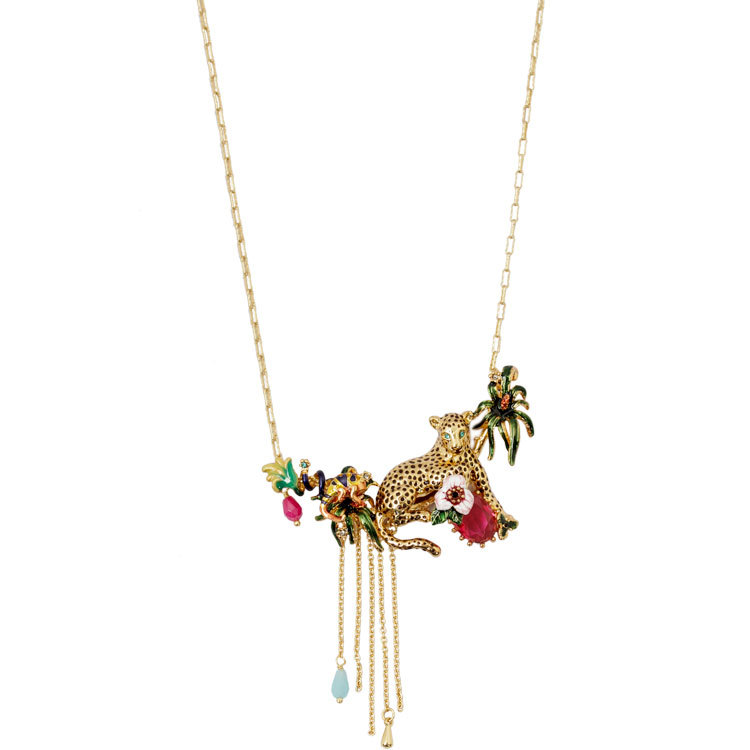 Leopard Red Crystal Necklace Tassels Gold Chain Enamel Flower Pendants Necklace