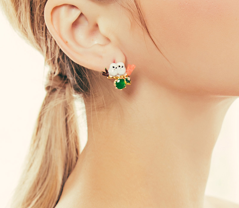 Owl Baby Emerald Asymmetry Enamel Earrings Jewelry Stud Clip Earrings