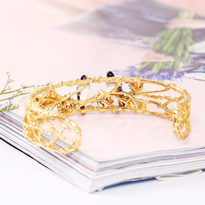 Lovebird Cherry Blossom Gold Plated Jewelry Enamel Bracelet