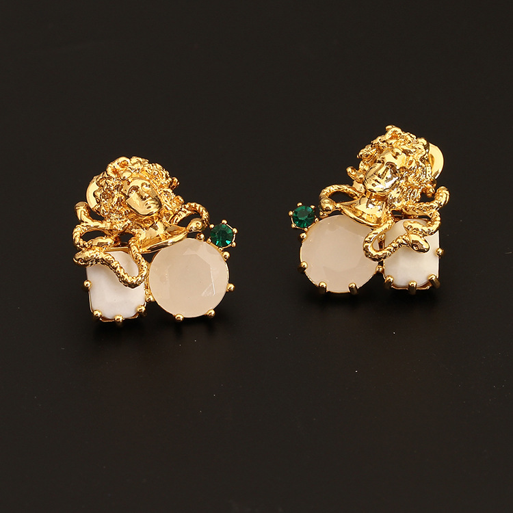Medusa Inlaid Gemstone Gold Plated Copper Stud Earrings 925 Silver Needle