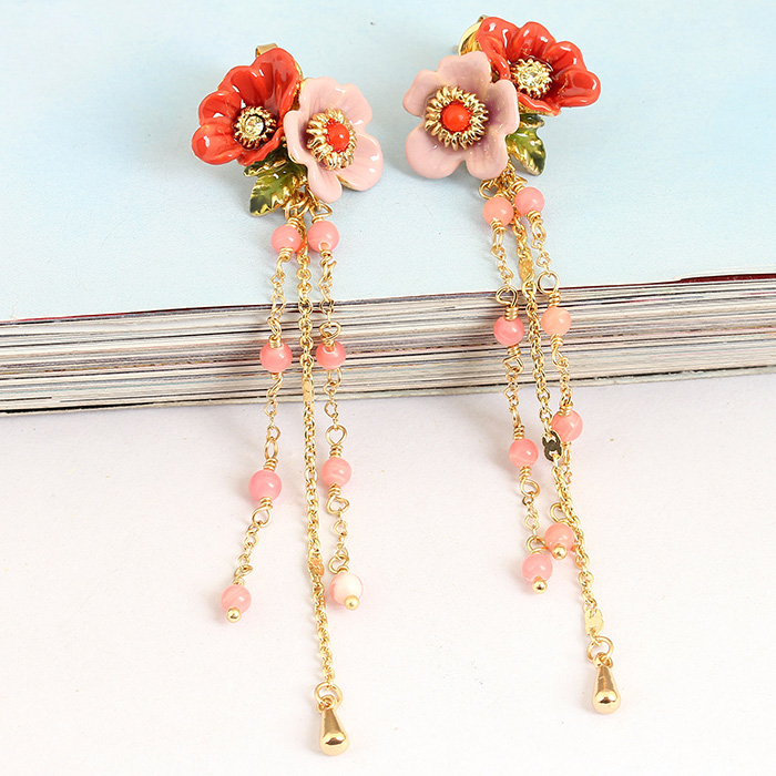 Peony Flower Long Tassel Enamel Earrings Jewelry Stud Clip Earrings