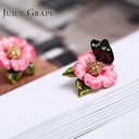 Pink Flower Butterfly Asymmetry Enamel Earrings Jewelry Stud Clip Earrings