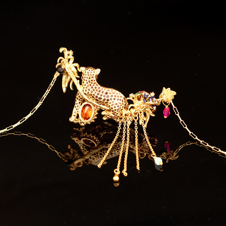 Leopard and Crystal Enamel Tassel Necklace