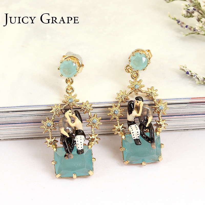 Paris Lovers Blue Gem Enamel Earrings Jewelry Stud Pendenet Earrings