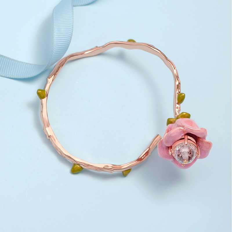 Pink Flower Geometric Irregular Enamel Glazed Opening Bracelet