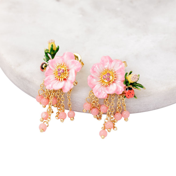 Pink Flower Ladybug Enamel Earrings Jewelry Stud Earrings