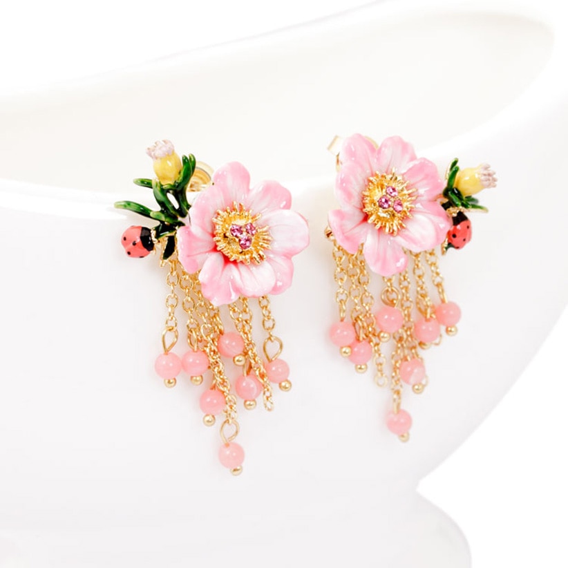 Pink Flower Ladybug Enamel Earrings Jewelry Stud Earrings