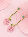 Pink Flower Long Pendant Hand Painted Enamel Stud Earrings