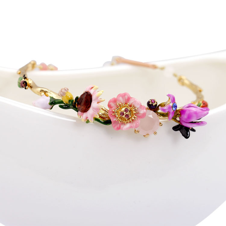 Pink Flower Lotus Gem Monet Garden Series Jewelry Enamel Bracelet