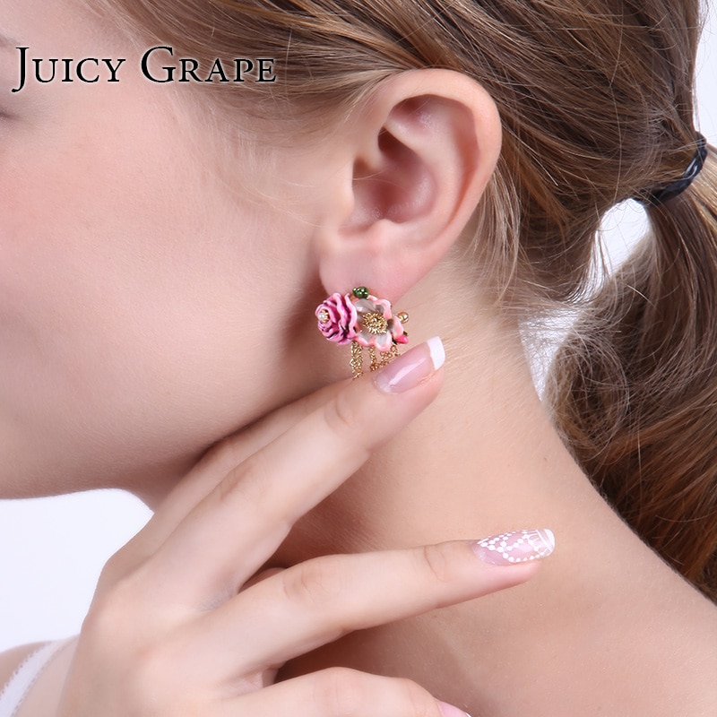 Pink Flower Tassel Enamel Earrings Jewelry Stud Earrings