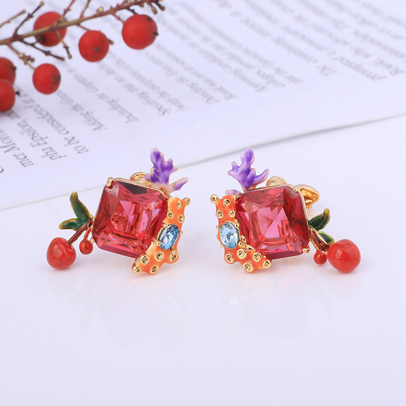 Pink Gem Cherry Enamel Earrings Jewelry Stud Clip Earrings