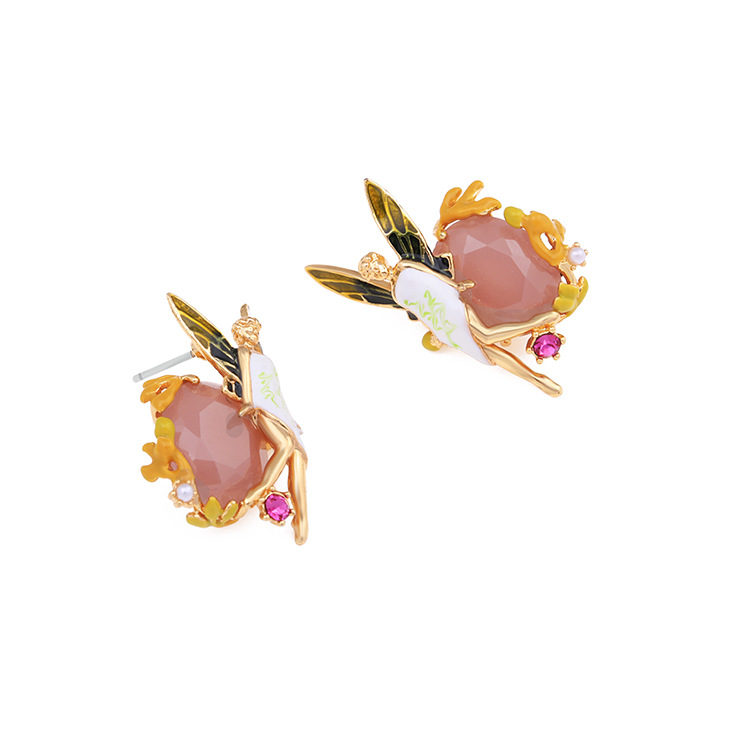 Pink Gem Flower Fairy Enamel Earrings Jewelry Stud Earrings