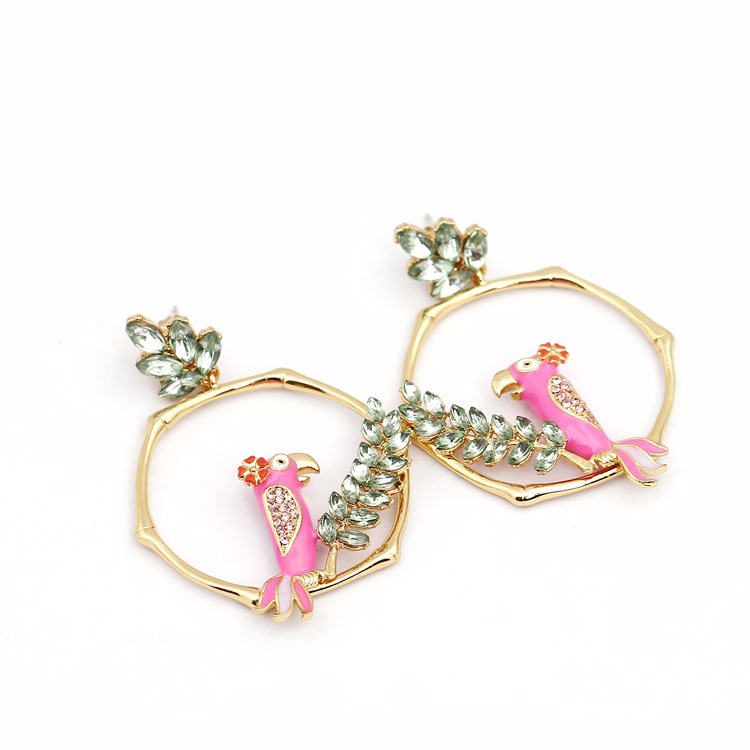 Pink Parrot Crystal Leaves Enamel Earrings Jewelry Stud Earrings