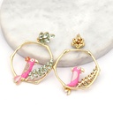 Pink Parrot Crystal Leaves Enamel Earrings Jewelry Stud Earrings