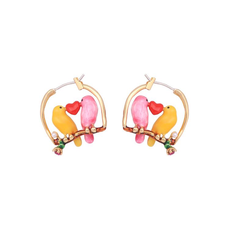 Pink Yellow Small Bird Heart 925 Silver Enamel Earrings Jewelry Hook Earrings