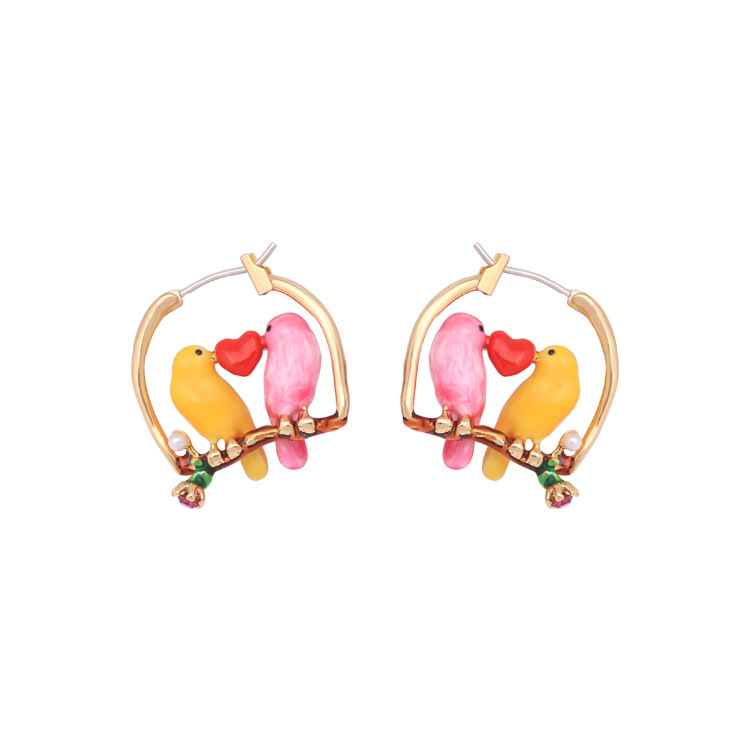 Two-color Flower Rhinestone Hand Painted Eamel Stud Clip Earrings